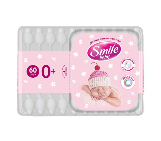 Smile Baby (Смайл Бэби) ватные палочки детские с ограничителем, 60 шт.