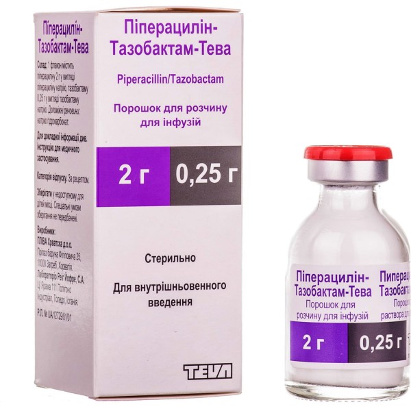 Пиперациллин-Тазобактам-Тева порошок для раствора для инфузий 2 г/0.25 г, флакон, 1 шт.