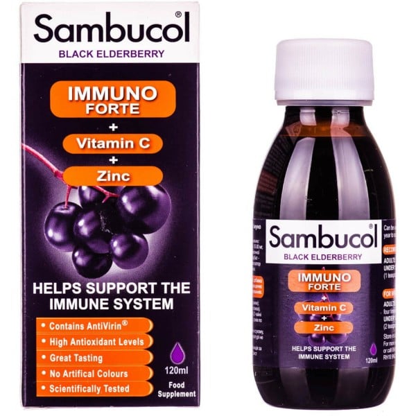 Самбукол Иммуно Форте с витамином С + Цинк диетическая добавка для поддержания иммунной системы, раствор, 120 мл
