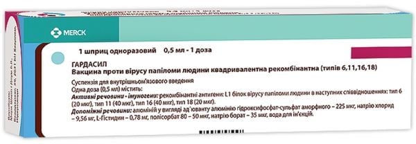 Гардасил вакцина против вируса папилломы человека квадривалентная рекомбинантная, суспензия для инъекций по 0,5 мл (1 доза) в шприце с 1 иглой