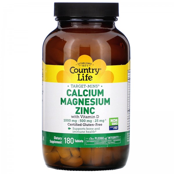 Кальций-Магний-Цинк витамин D3 диетическая добавка таблетки, 180 шт. - Country Life