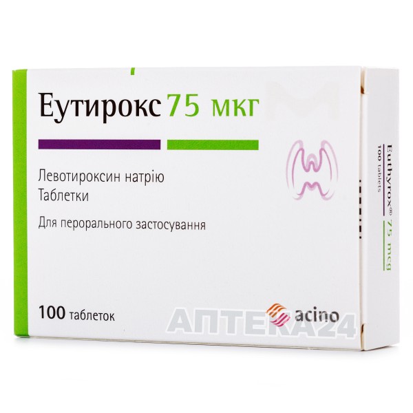 Эутирокс таблетки от заболеваний щитовидной железы по 75 мкг, 100 шт.