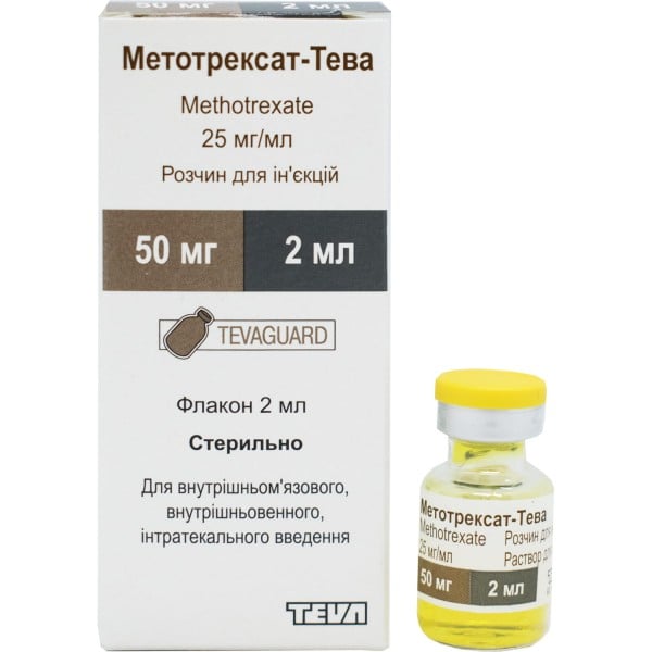 Метотрексат-Тева розчин для ін'єкцій, 25 мг/мл, по 2 мл у флаконі .