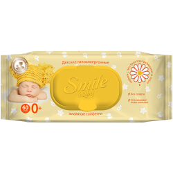Салфетки влажные Smile Baby (Смайл Беби) с экстрактом ромашки и алоэ с клапаном, 60 шт.