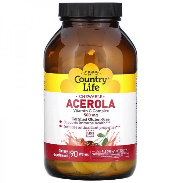 Ацерола комплекс витамина C жевательные таблетки со вкусом ягод по 500 мг, 90 шт. - Country Life 