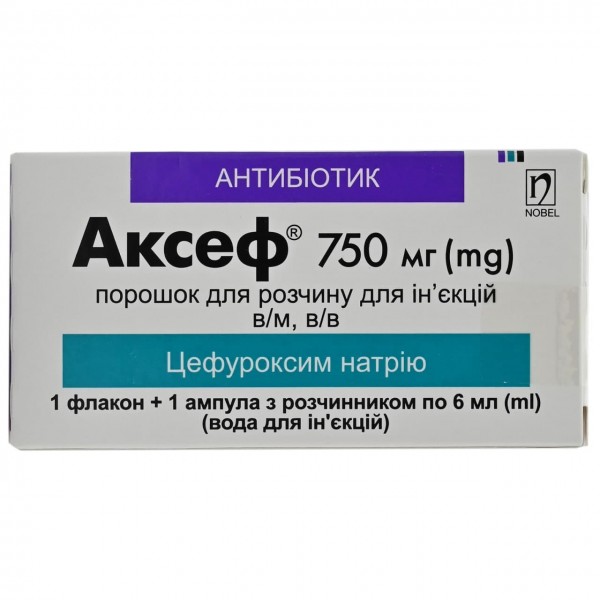 Аксеф порошок для раствора по 750 мг в флаконе + растворитель в ампуле 6 мл