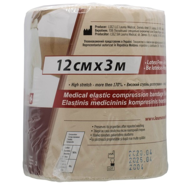 Бинт эластичный медицинский Lauma Latex Free, модель 2, 12 см х 3 м