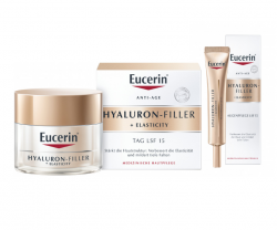 Eucerin Гиалурон-Филлер+Эластисити антивозрастной крем для кожи вокруг глаз SPF15 15мл, 1 шт. + Гиалурон-Филлер+Эластисити дневной крем для биоревитализации SPF15 50 мл, 1 шт.