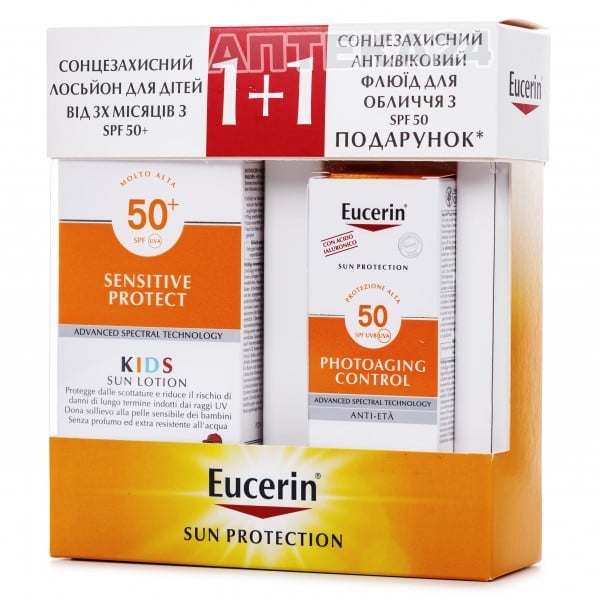 Подарочный набор Eucerin: солнцезащитный лосьон для детей SPF50+, 150 мл + антивозрастной флюид для лица SPF50, 50 мл