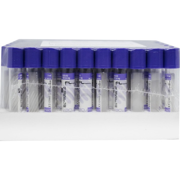 Vacumed пробирка вакуумная стерильная 13 x 75 мм с К3 EDTA, для 3 мл крови с фиолетовой крышкой, 100 шт.