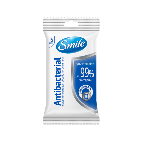 Влажные салфетки Smile Antibacterial (Смайл антибактериальные) с Д-патненолом, 15 шт.