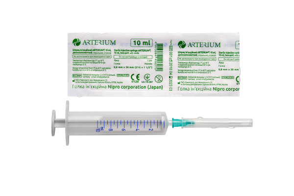 Arterium шприц инъекционный трехкомпонентный стерильный с иглой, 10 мл, 0,8мм х 38мм (21G х 1 1/2)