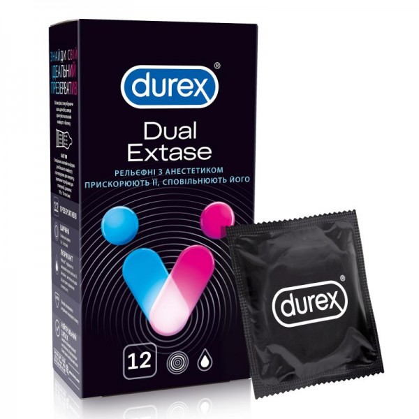 Презервативы Durex (Дюрекс) Dual Extase рельефные с анестетиком, 12 шт.